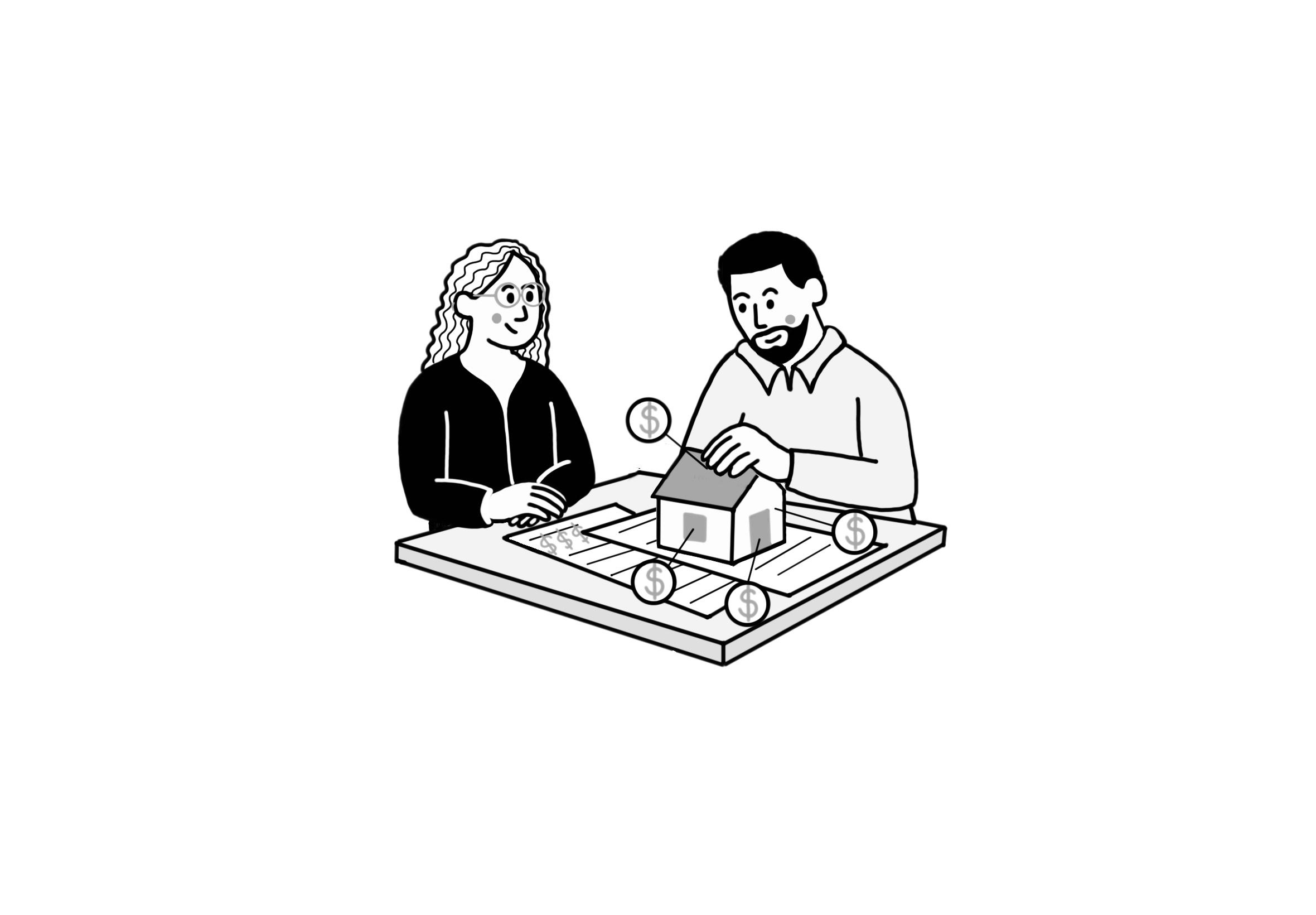Ilustrace dvou osob nad modelem domu a rozpočtem stavby